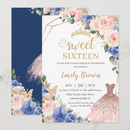 Sweet 16 Birthday Royal Blue Blush Floral Dress  Kaart (Voorkant / Achterkant)