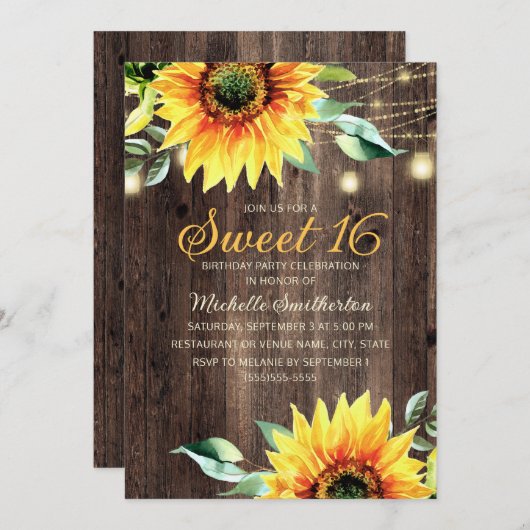 Sweet 16 Birthday Rustic Sunflower String Lights Kaart (Voorkant / Achterkant)