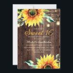 Sweet 16 Birthday Rustic Sunflower String Lights Kaart<br><div class="desc">Landelijke Sweet 16 verjaardagsfeestuitnodiging met roestbruin hout,  gele zonnebloemen met groen,  en mousserende snaarlampen en lampjes</div>
