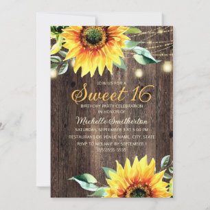 Sweet 16 Birthday Rustic Sunflower String Lights Kaart