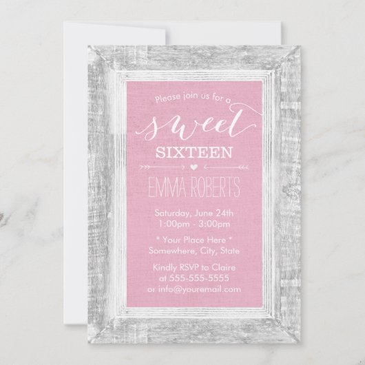 Sweet 16 Birthday Rustic Wood Lijst Licht Roze Kaart (Voorkant)