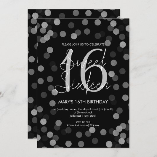 Sweet 16 Birthday Silver Glam Glitter Black Kaart (Voorkant / Achterkant)