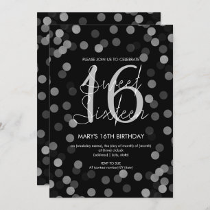 Sweet 16 Birthday Silver Glam Glitter Black Kaart