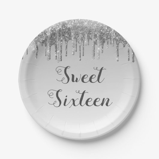 Sweet 16 Birthday Silver Glitter Sparkle Papieren Bordje (Voorkant)