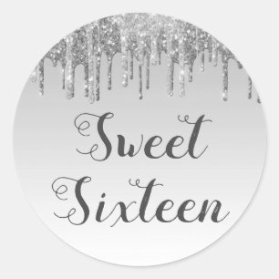 Sweet 16 Birthday Silver Sparkle en Glitter Ronde Sticker