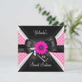 Sweet 16 Birthday Spot Polka Dot Black White Pink Kaart (Staand voorkant)