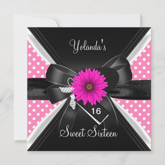 Sweet 16 Birthday Spot Polka Dot Black White Pink Kaart (Voorkant)