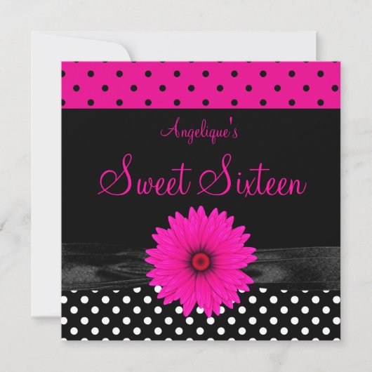 Sweet 16 Birthday Spot Polka Dot Black White Pink Kaart (Voorkant)