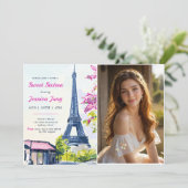 Sweet 16 Birthday Waterverf Floral Eiffel Foto Kaart (Staand voorkant)