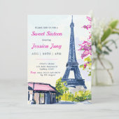 Sweet 16 Birthday Waterverf Floral Eiffeltoren Kaart (Staand voorkant)