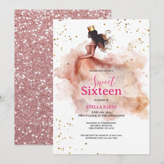 Sweet 16 Birthday – Waterverf roze en gouden glitt Kaart (Voorkant / Achterkant)