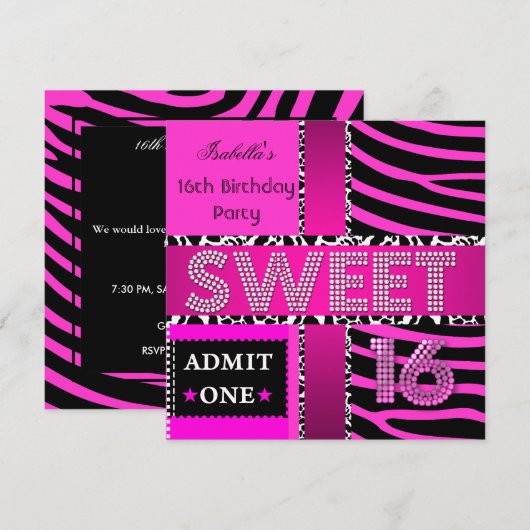 Sweet 16 Birthday Zebra Koe Hot Pink Black Kaart (Voorkant / Achterkant)
