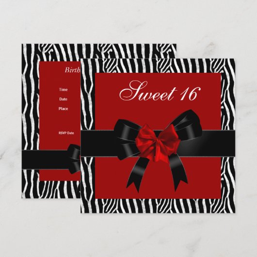 Sweet 16 Birthday Zebra Red Black White Bow Kaart (Voorkant / Achterkant)