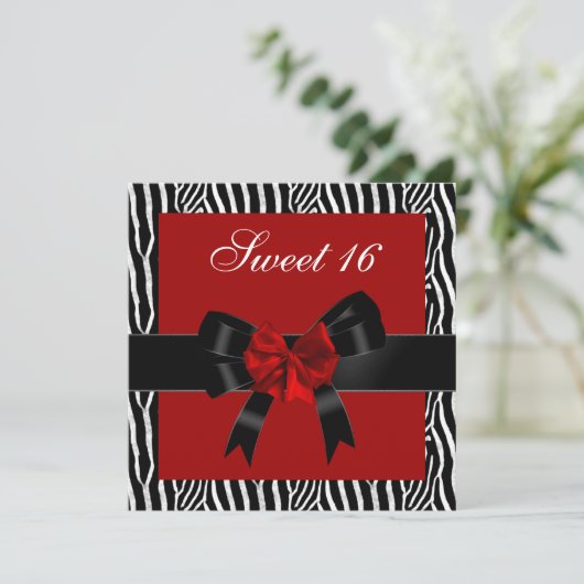Sweet 16 Birthday Zebra Red Black White Bow Kaart (Staand voorkant)