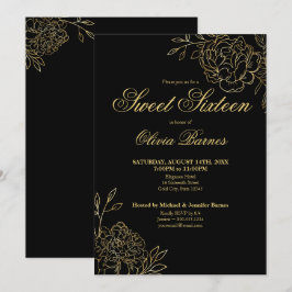 Sweet 16 Black and Gold Line Art Flowers Floral Kaart
