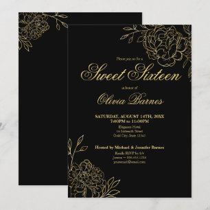 Sweet 16 Black and Gold Line Art Flowers Floral Kaart