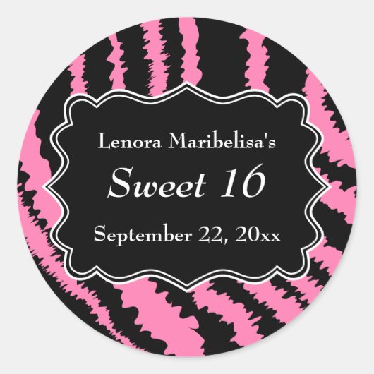 Sweet 16 Black and Pink Zebra Pattern Ronde Sticker (Voorkant)