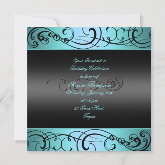 Sweet 16 Black/Blue Swirl Verjaardag Uitnodiging (Achterkant)