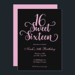 Sweet 16 Black & Bubblegum Pink Birthday Party Kaart<br><div class="desc">Pas voor uw gebeurtenis aan.</div>