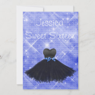 Sweet 16 Black Dress Blue Silver Glitter Birthday Kaart