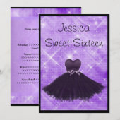 Sweet 16 Black Dress Paars Silver Glitter 3 Kaart (Voorkant / Achterkant)