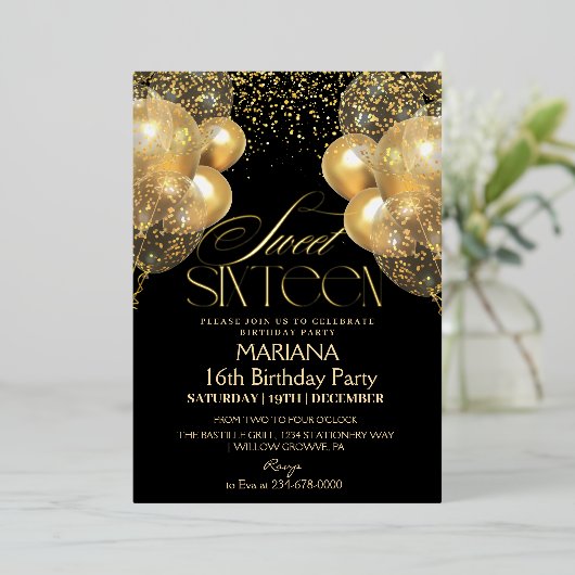 Sweet 16 Black & Gold Ballonnen Foto Verjaardag Folie Uitnodiging (Staand Voorkant)