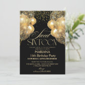 Sweet 16 Black & Gold Ballonnen Foto Verjaardag Kaart (Staand voorkant)