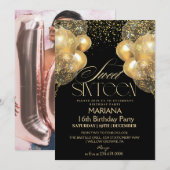 Sweet 16 Black & Gold Ballonnen Foto Verjaardag Kaart (Voorkant / Achterkant)