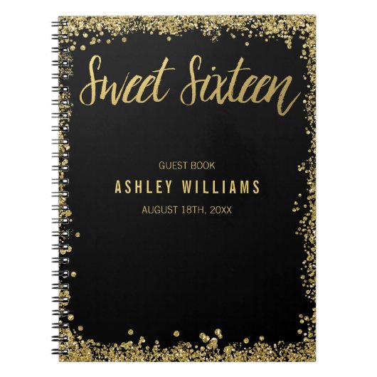 Sweet 16 Black Gold Faux Glitter Guest Book Notitieboek (Voorkant)
