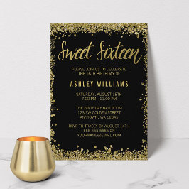 Sweet 16 Black Gold Glitter Birthday Kaart