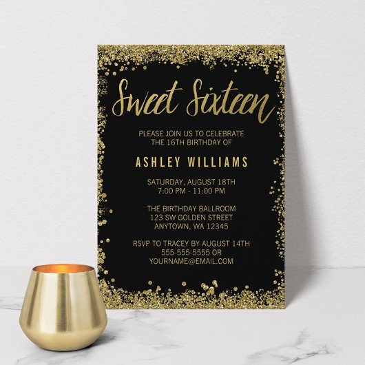 Sweet 16 Black Gold Glitter Birthday Kaart