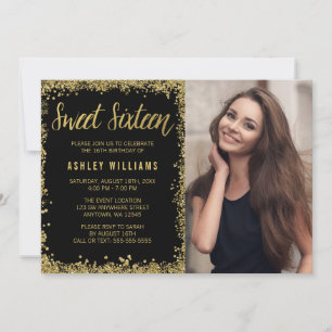 Sweet 16 Black Gold Glitter Birthday Kaart