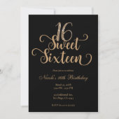 Sweet 16 Black & Gold Glitter Birthday Party Kaart (Voorkant)