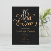 Sweet 16 Black & Gold Glitter Birthday Party Kaart (Staand voorkant)