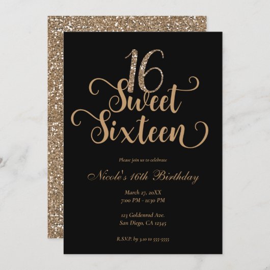Sweet 16 Black & Gold Glitter Birthday Party Kaart (Voorkant / Achterkant)