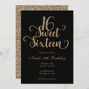 Sweet 16 Black & Gold Glitter Birthday Party Kaart