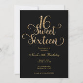 Sweet 16 Black & Gold Glitter Birthday Party Kaart (Voorkant)