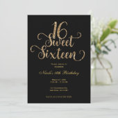 Sweet 16 Black & Gold Glitter Birthday Party Kaart (Staand voorkant)