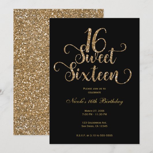 Sweet 16 Black & Gold Glitter Birthday Party Kaart (Voorkant / Achterkant)