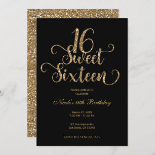 Sweet 16 Black & Gold Glitter Birthday Party Kaart