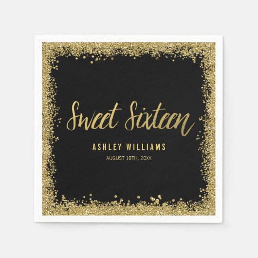 Sweet 16 Black Gold Glitter Birthday Servetten (Voorkant)
