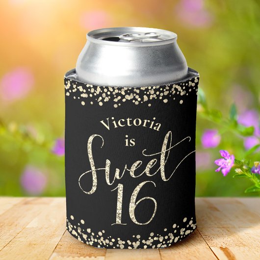 Sweet 16 Black Gold Glitter Confetti Chic Birthday Blikjeskoeler