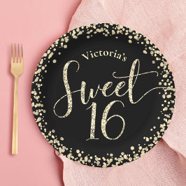 Sweet 16 Black Gold Glitter Confetti Chic Birthday Papieren Bordje