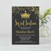 Sweet 16 Black Gold Glitter Confetti Crown Kaart (Staand voorkant)