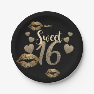 Sweet 16 Black Gold Glitter, speciaal gepersonalis Papieren Bordje