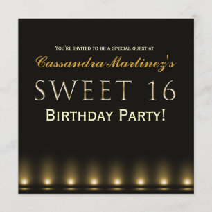 SWEET 16 Black Gold Hollywood Party Invitation Kaart