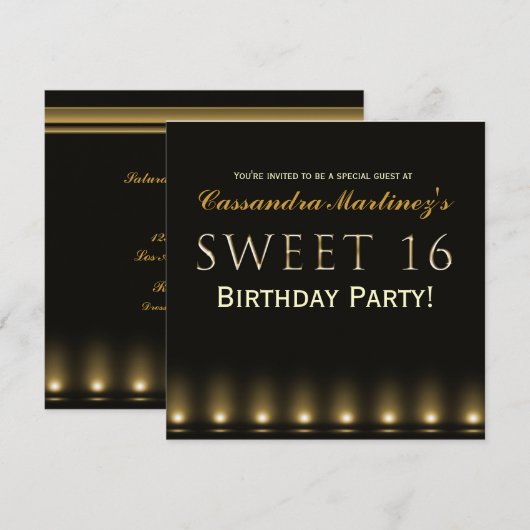 SWEET 16 Black Gold Hollywood Party Uitnodiging (Voorkant / Achterkant)