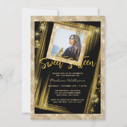 Sweet 16 Black Gold Sparkle Glitter Custom Photo Kaart (Voorkant)