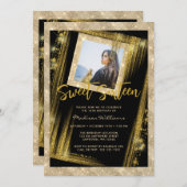 Sweet 16 Black Gold Sparkle Glitter Custom Photo Kaart (Voorkant / Achterkant)