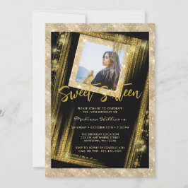 Sweet 16 Black Gold Sparkle Glitter Custom Photo Kaart